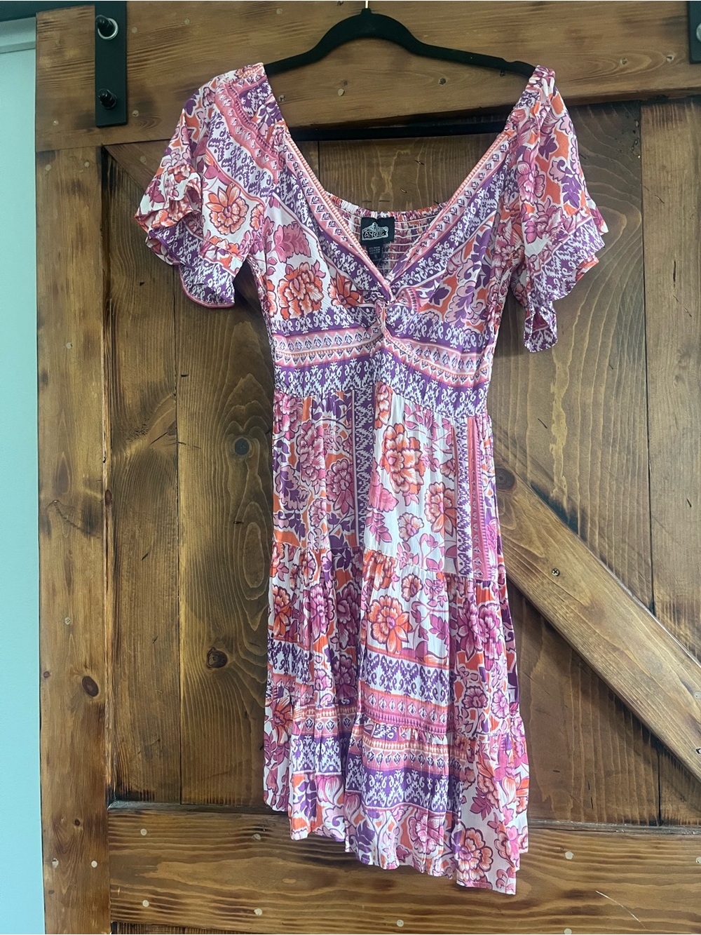 Angie Pink and Orange Floral V-Neck Tiered Dress